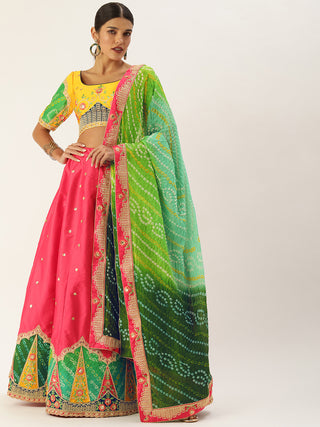 Satin silk Yellow and Pink Lehenga Choli with Bandhej dupatta