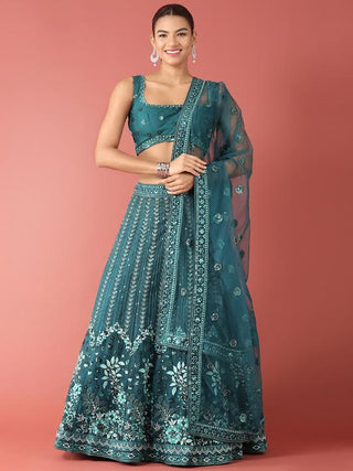 Teal net thread and sequin embroidered Lehenga choli