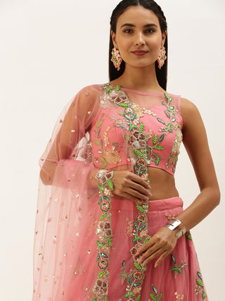 Pink multicolor floral Sequin embroidered net Lehenga
