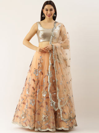 Sequin embroidered peach Net Lehenga