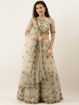 Grey Net Lehenga with sequence and bead embroidery
