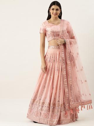 Coral Pink Sequence embroidered georgette Lehenga