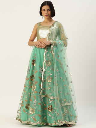 Sequin embroidered sea green Net Lehenga