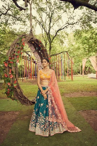 Green & yellow silk sequin and thread embroidered Lehenga choli and pink dupatta