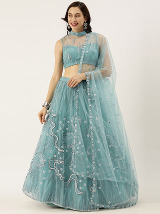 Sequin and pearl embroidered Sky Blue Net Lehenga with Pocket!