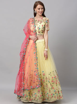 lemon yellow embroidered Net Lehenga set