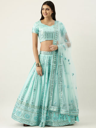 Georgette Sequence embroidered turquoise blue Lehenga