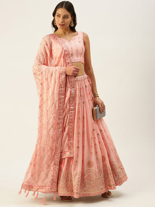 Coral Pink Pure Georgette Sequence embroidered Lehenga