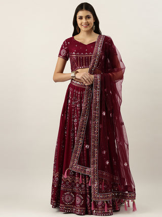 Sequence embroidered Burgundy georgette Lehenga