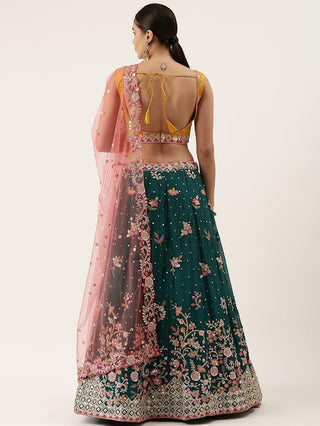 Green & yellow silk sequin and thread embroidered Lehenga choli and pink dupatta