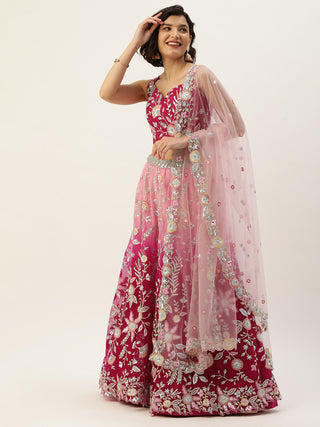 Ombre pink thread work net Lehenga set