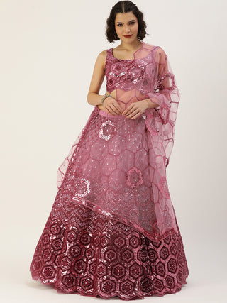 pink sequin and thread embroidered Net Lehenga