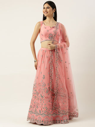 Peach Net Sequin and zari embroidered Lehenga