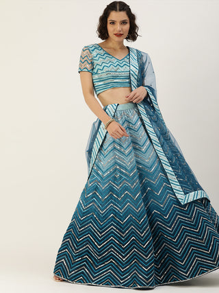 Teal Blue Sequin and mirror Chevron pattern embroidered Lehenga