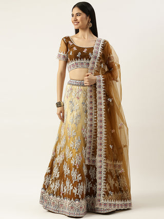 Thread and sequin embroidered ombre mustard Lehenga
