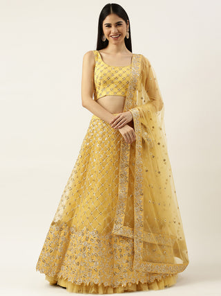 Fabulous Yellow gold Sequined net Lehenga