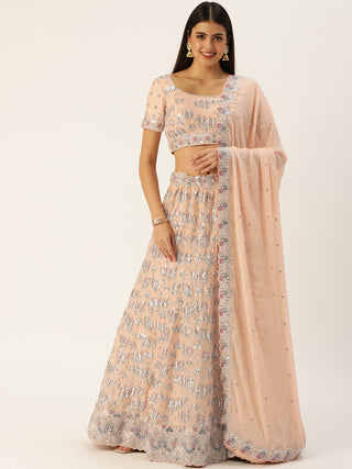 Georgette Sequence and crystal embroidered pretty peach Lehenga