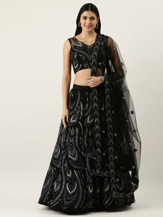 Gorgeous Black Sequin and thread embroidered Net Lehenga