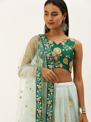 Turquoise blue net sequence and mirror embroidered Lehenga