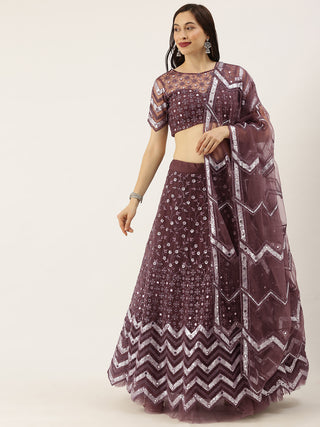 Burgundy Chevron pattern mirror and  sequin work net Lehenga set