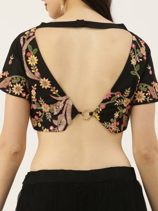 Floral embroidered stone studded Black Net Lehenga