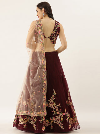 Floral embroidered Burgundy Net Lehenga