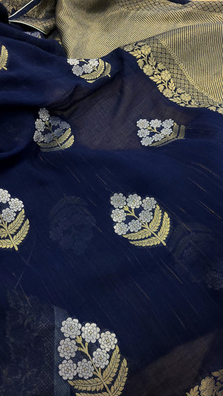 Royal Blue Khaddi Georgette Benarasi Saree and Blouse