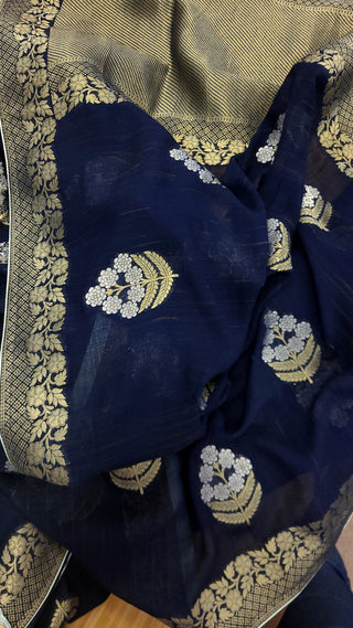 Royal Blue Khaddi Georgette Benarasi Saree and Blouse