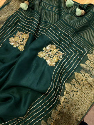 Emerald Green Silk Benarasi Saree and Blouse