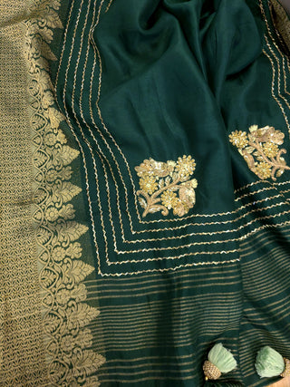 Emerald Green Silk Benarasi Saree and Blouse