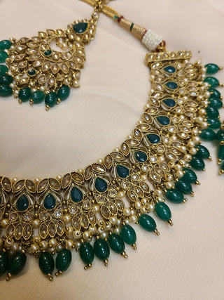 Emerald and Champagne color crystal heavy necklace set with maang tikka