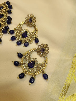 Blue sapphire and Champagne color crystal heavy necklace set with maang tikka