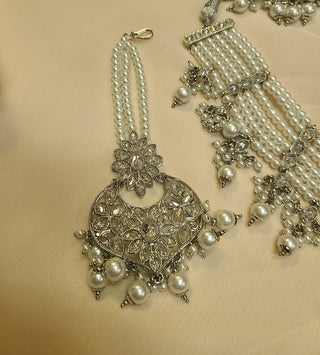 Pearl and champagne crystal necklace set with maang tikka