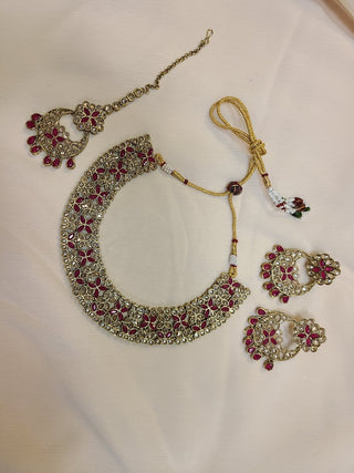 Red and Champagne color crystal necklace set with maang tikka