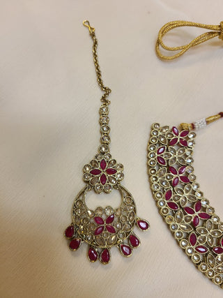 Red and Champagne color crystal necklace set with maang tikka