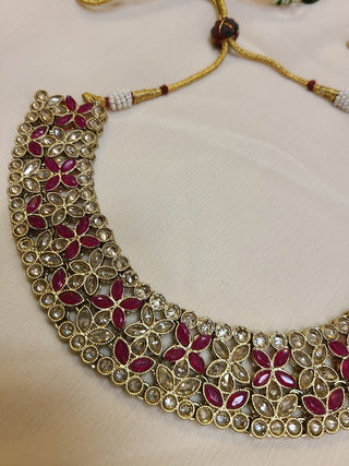 Red and Champagne color crystal necklace set with maang tikka