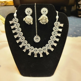 White american diamond Necklace set with maang tikka and jhumki's