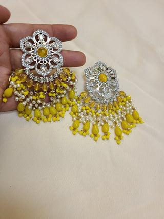 Yellow floral kundan and CZ statement earrings