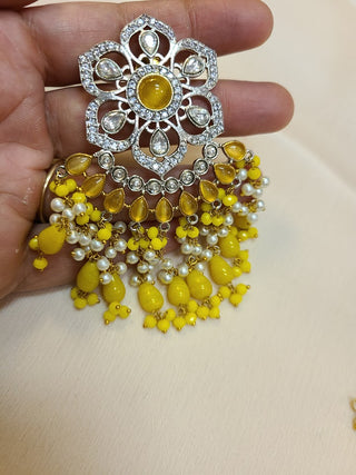 Yellow floral kundan and CZ statement earrings