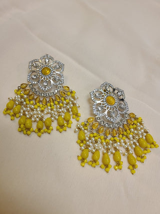 Yellow floral kundan and CZ statement earrings