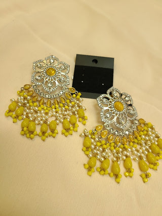 Yellow floral kundan and CZ statement earrings