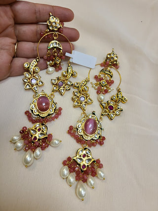 Extra Long Kundan and Pearl Bali statement earrings in Pink