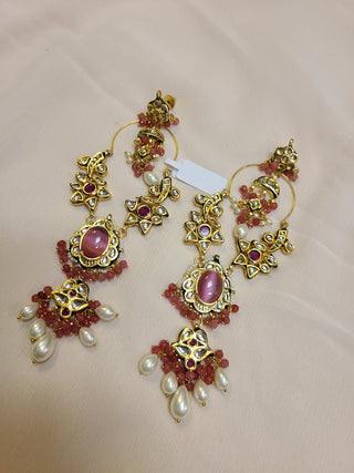 Extra Long Kundan and Pearl Bali statement earrings in Pink