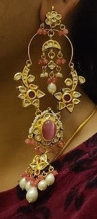 Extra Long Kundan and Pearl Bali statement earrings in Pink