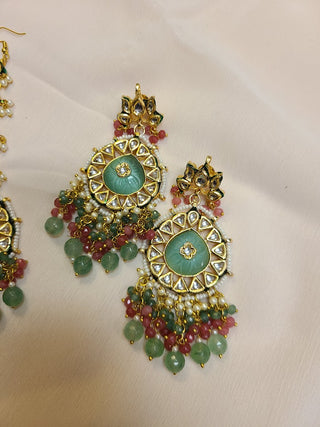 Mint green Kundan Chandelier earrings and maang tikka set