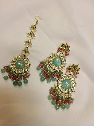 Mint green Kundan Chandelier earrings and maang tikka set