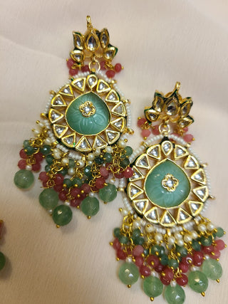 Mint green Kundan Chandelier earrings and maang tikka set