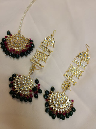 Kundan Chaandbali earrings with attached Mattal (Ear chain) and maang tikka set