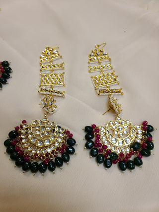 Kundan Chaandbali earrings with attached Mattal (Ear chain) and maang tikka set