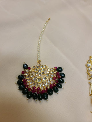 Kundan Chaandbali earrings with attached Mattal (Ear chain) and maang tikka set